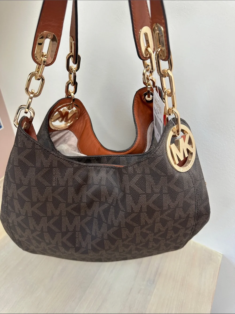 Michael Kors Dark Brown Monogram Shoulder Bag with Gold Hardware